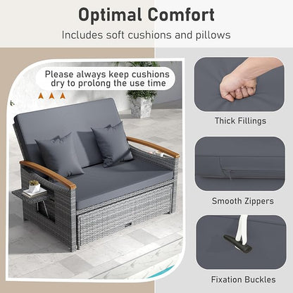 LDAILY Moccha Outdoor Wicker Daybed, Patio Rattan Loveseat Sofa w/ 4-Level Adjustable Backrest, Folding Panels, Storage Ottoman & Cushions, Lounge Furniture Set for Poolside Backyard Porch (Grey)