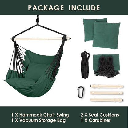 Highwild Hammock Chair Hanging Rope Swing - Max 500 Lbs - 2 Cushions Included - Steel Spreader Bar with Anti-Slip Rings - for Any Indoor or Outdoor Spaces (D- Cushions Included-Green)