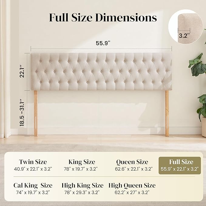 Tufted Upholstered Full Size Bed Headboard in Modern Button Design, Adjustable Solid Wood Head Board, Premium Linen Fabric Padded Headboards in Bedroom (Beige)