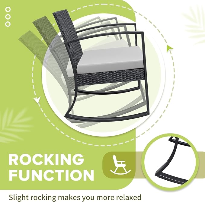 Homall Patio Furniture Set 3 Piece Resin Outdoor Bistro Set Rocking Patio Chairs with Cushions and Table for Porch, Poolside, Balcony and Yard (White)