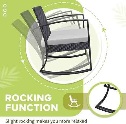 Homall Patio Furniture Set 3 Piece Resin Outdoor Bistro Set Rocking Patio Chairs with Cushions and Table for Porch, Poolside, Balcony and Yard (White)