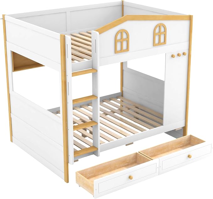 Merax Full Over Full Size House Bunk Bed with Storage Shelves & 2 Drawers, Solid Wood Space-Saving Loft Bed Frame with Safety Guardrails for Bedroom, White+Natural