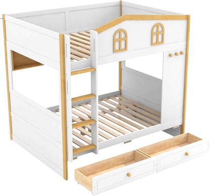 Merax Full Over Full Size House Bunk Bed with Storage Shelves & 2 Drawers, Solid Wood Space-Saving Loft Bed Frame with Safety Guardrails for Bedroom, White+Natural