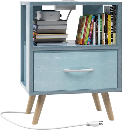 Aenuert Night Stand with Charging Station, Blue Nightstand with Drawer, 2-Tier Wooden Bedside Table with USB Ports and Outlets, End Table for Small Space, Living Room, Bedroom