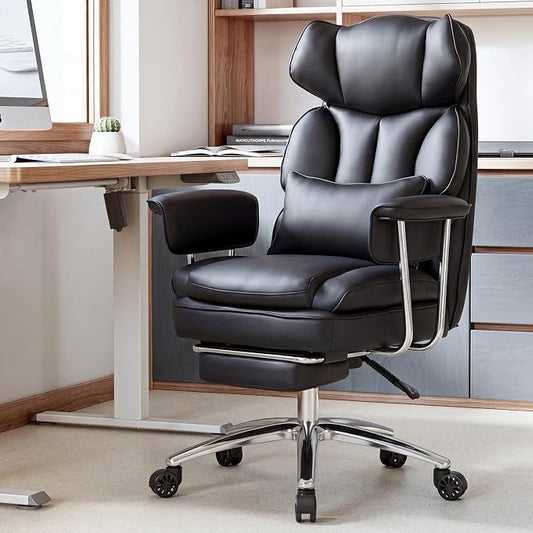 Sweetcrispy Home Office Desk Chair, Executive Ergonomic Big Tall High Back with Footrest & Lumbar Support, Reclining Height Adjustable, Comfy PU Leather Computer Gaming with Swivel Wheels, Black