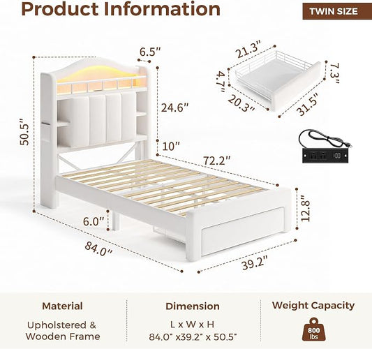 Twin Size Bed Frame with LED Storage Headboard & 2 Storage Drawers, Velvet Upholstered Bed with Vertical Tufted Headboard Design, USB & Type-C Charging Ports, Wooden Slats Support, Noise-Free, Beige