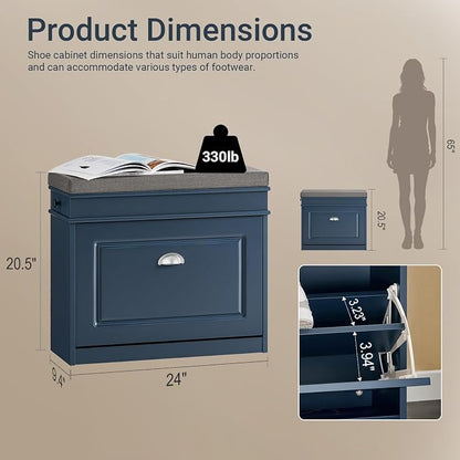 Haotian Small Shoe Storage Bench, Narrow Shoe Cabinet Entryway with 1 Flip-Drawer and Seat Cushion, Mini Shoe Rack Hallway Entrance Mudroom, Navy Blue FSR82-K-B