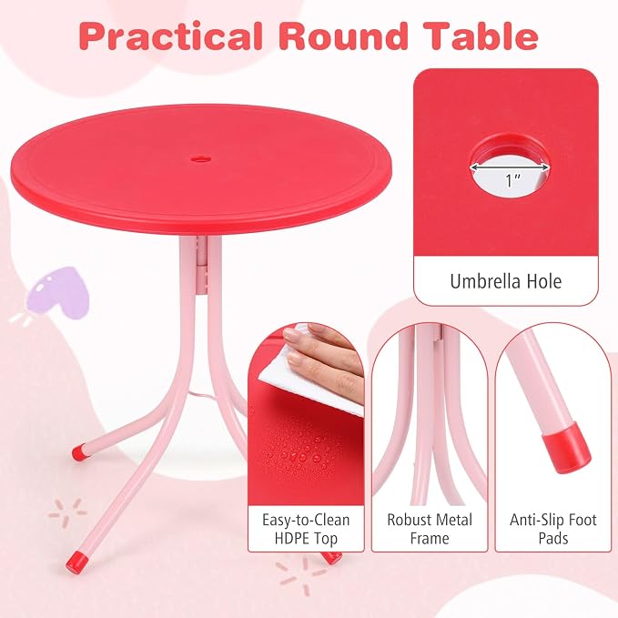 Costzon Kids Picnic Table, Kids Outdoor Table with 2 Folding Chairs, Height Adjustable Umbrella, Portable Children Outdoor Furniture for Patio, Garden, Backyard (Pink Butterfly)