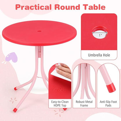 Costzon Kids Picnic Table, Kids Outdoor Table with 2 Folding Chairs, Height Adjustable Umbrella, Portable Children Outdoor Furniture for Patio, Garden, Backyard (Pink Butterfly)