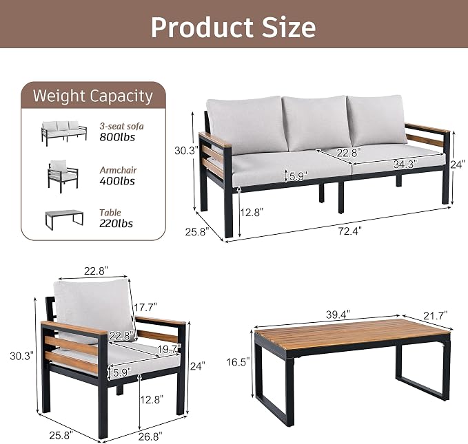 VilroCaz 4-Piece Outdoor Patio Furniture Sectional Sofa Set with Acacia Wood Armrests, All-Weather Conversation Set with Removable Cushion and Solid Wood Coffee Table for Garden Backyard (Beige-TH)