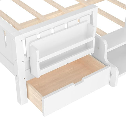 Bellemave Full Size Kids Bed with high Rails and with Built-in Bookshelf and Drawers for Kids, Girls, Boys, Wood Montessori Bed Without Door, White