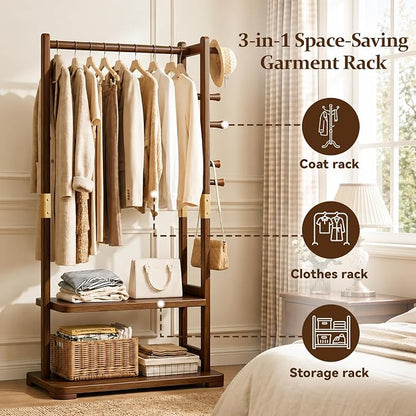 Taitiy Coat Rack Solid Wood Clothes Rack with 2 Shelves & 5 Hooks for Hanging Clothes Garment Wallets Hats, Clothing Rack Heavy Duty Coat Rack Freestanding with Storage Hall Tree for Hallway Bedroom