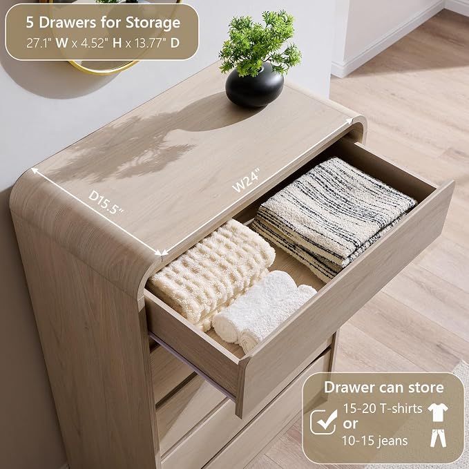 Aitjunz Modern 5 Drawers Dresser for Bedroom, 45" Tall Dressers, Cream | Wood Dressers & Chests of Drawers w/Curved Profile Design, Mid Century Vertical Dresser with Handleless Design for Bedroom