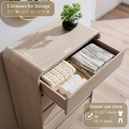 Aitjunz Modern 5 Drawers Dresser for Bedroom, 45" Tall Dressers, Cream | Wood Dressers & Chests of Drawers w/Curved Profile Design, Mid Century Vertical Dresser with Handleless Design for Bedroom