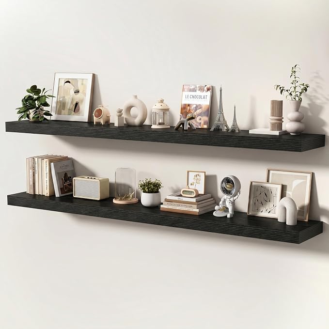 Floating Shelves for Wall, 72 Inch x 8 Inch Deep Wall Mounted Wood Shelf with Invisible Brackets for Storage & Display, Living Room Bedroom Kitchen, Black, Set of 2