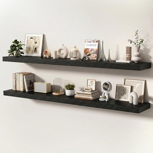 Floating Shelves for Wall, 72 Inch x 8 Inch Deep Wall Mounted Wood Shelf with Invisible Brackets for Storage & Display, Living Room Bedroom Kitchen, Black, Set of 2