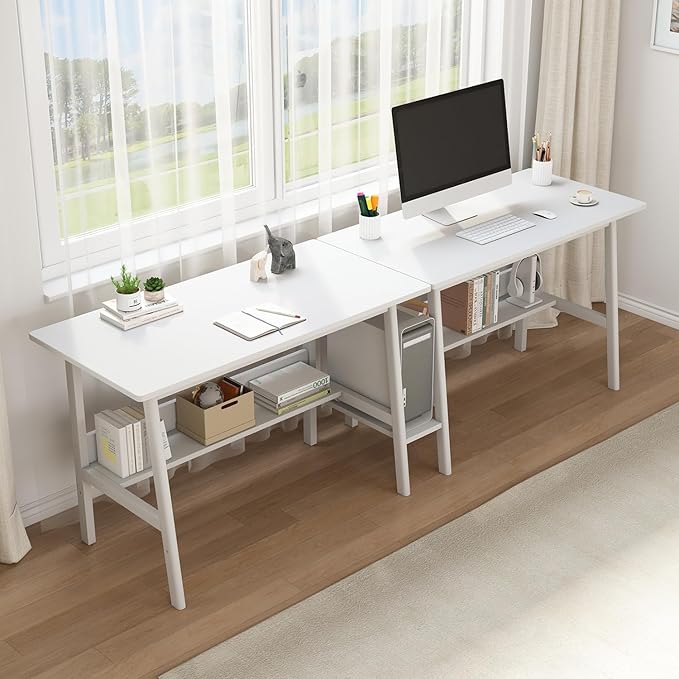 NELYE 2 Person Desk with Storage Bookshelf, 94” x 24” in, White | Fits Two People, Trapezoid Solid Wood Legs for Stability, Splits into Two Desks, Suitable for Home Office and Study