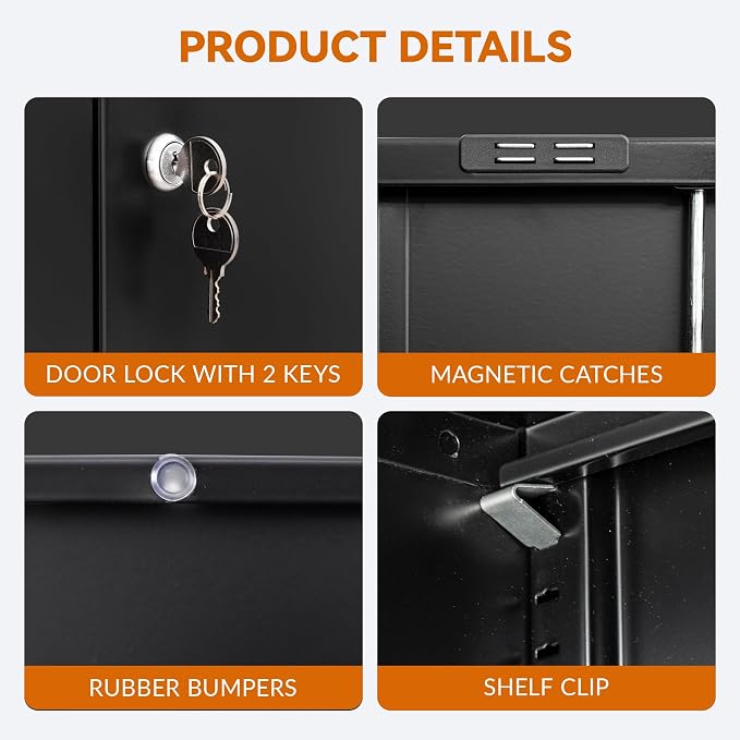 BESFUR Metal Storage Cabinet, Garage Storage Cabinet with 2 Adjustable Shelves, Locking Short Storage Cabinet for Office Garage Home, Black Metal Cabinets (36" H x 31.5" W x 16" D)