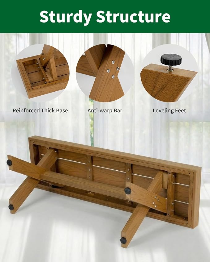 44.5" HIPS Outdoor Dining Bench, X-Shaped Modern Backless 2-Person Seating, All-Weather Patio Bench with Wood Grain Texture, Easy Assembly, Teak