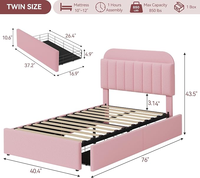 GarveeHome Twin Bed Frame with Storage Headboard, Girls Bed Frame with 2 Drawers, Boucle Upholstered Platform Bed with Bookcase, No Box Spring Needed, Easy Assembly, Light Pink