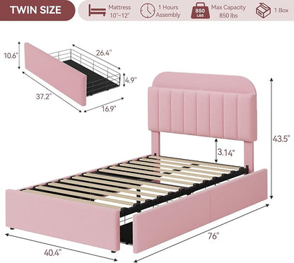 Garvee Twin Size Bed Frame with 2 Flexible Drawers, Boucle Upholstered Platform Bed Frame with Bookcase Headboard, Bedframe for Kids/Girls, Easy Assembly, No Box Spring Needed, Noise Free, Pink