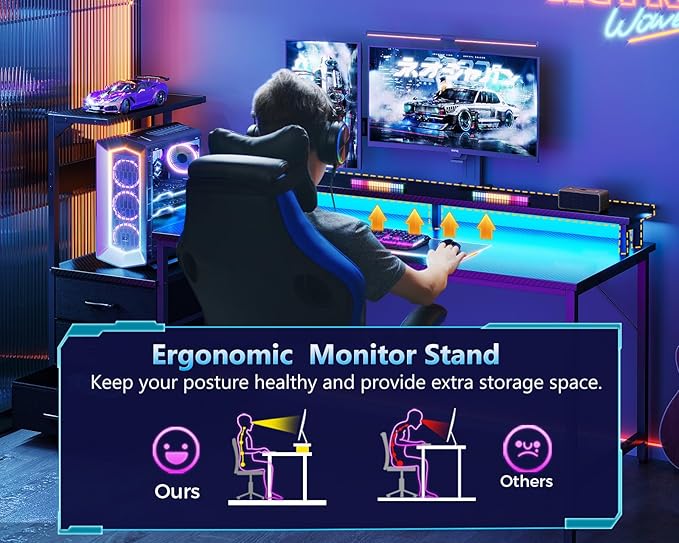 AODK 59 Inch Gaming Desk with LED Light- Reversible Computer Desk with Storage Shelves & Monitor Stand, Fabric Drawers Fits Compact PC Towers, Black