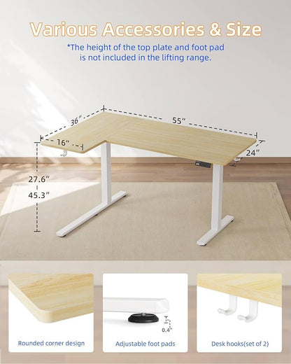 YIHAYO Reversiable L-Shaped Electric Standing Desk, 55 Inches Stand Up Corner Desk, Sit and Stand Up for Work Office Home, Ergonomic Rising Computer Table with Splice Board, Natural