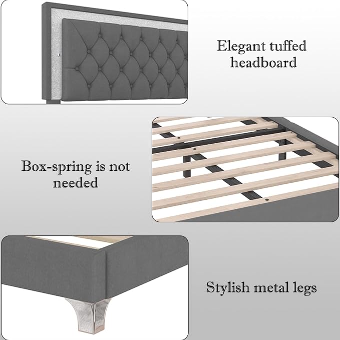 Merax 3 Pieces Bedroom Set, Queen Size Upholstered Platform Bed Frame with LED Lights and 2 Nightstands,Farmhouse Bedroom Furniture Set,Gray