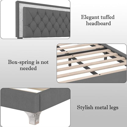 Merax 3 Pieces Bedroom Set, Queen Size Upholstered Platform Bed Frame with LED Lights and 2 Nightstands,Farmhouse Bedroom Furniture Set,Gray