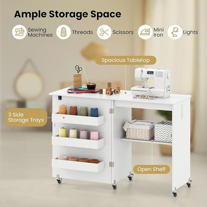 Giantex Folding Sewing Table with Charging Station, Rolling Craft Table with Storage Trays & Shelf, Foldable Sewing Machine Cabinet Desk with Lockable Wheels for Small Spaces (White)