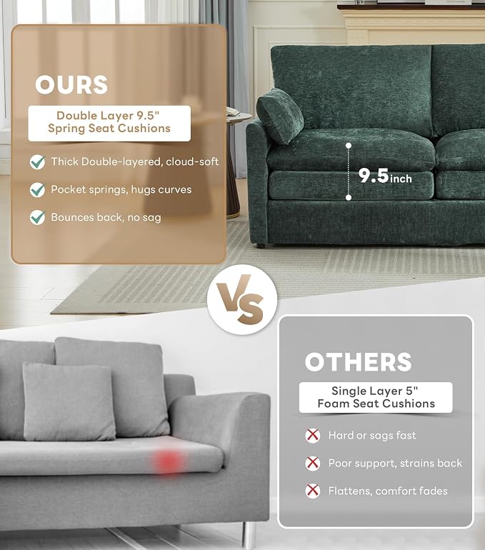 Iroomy Loveseat & 3 Seater, Chenille Cloud Couch, Modern Sofa, Comfy Plush Thick Cushions, Pocket Springs, Cloud-Like Comfort Sofas, Living Room Furniture Sets, Green