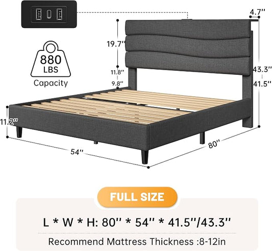 EnHomee Full Size Upholstered Bed Frame with Adjustable Height Headboard,Charging Stations,Noise-Free Platform Bed Full, No Box Spring Needed, Easy Assembly,Grey