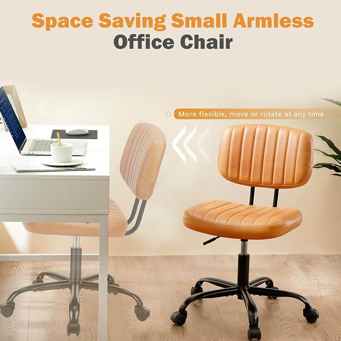 YSSOA Home Office Chair Desk Chair with Low Back and Wheels PU Leather Computer Chair Ergonomic Adjustable Height Comfy Chair Armless with Swivel Rolling Vanity Chairs for Bedroom Adult Brown