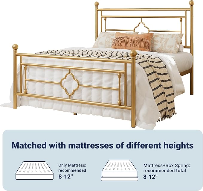 Allewie Full Size Metal Platform Bed Frame with Victorian Vintage Headboard and Footboard/Mattress Foundation/Under Bed Storage/No Box Spring Needed/Noise-Free/Easy Assembly, Gold