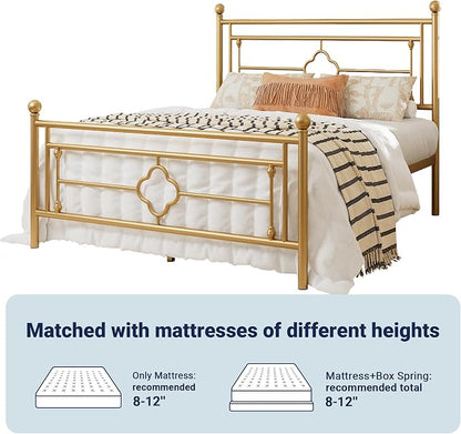 Allewie Full Size Metal Platform Bed Frame with Victorian Vintage Headboard and Footboard/Mattress Foundation/Under Bed Storage/No Box Spring Needed/Noise-Free/Easy Assembly, Gold