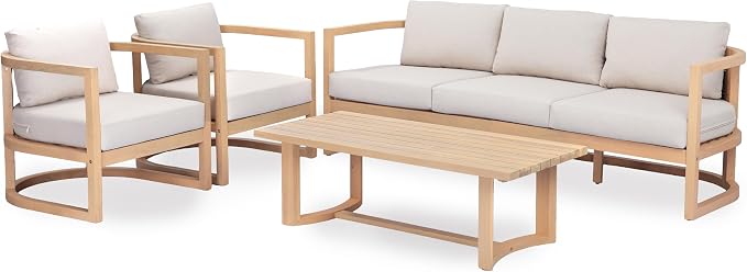 Merax 4 Piece Rattan Woven Paito Conversation Set, All-Weather Acacia Wood 3 Seater Sofa,2 Club Armchairs with Cushions, 1 Coffee Table for Porch, Lawn, Backyard, Balcony, Light Teak