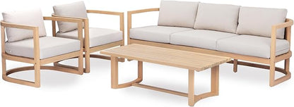 Merax 4 Piece Rattan Woven Paito Conversation Set, All-Weather Acacia Wood 3 Seater Sofa,2 Club Armchairs with Cushions, 1 Coffee Table for Porch, Lawn, Backyard, Balcony, Light Teak