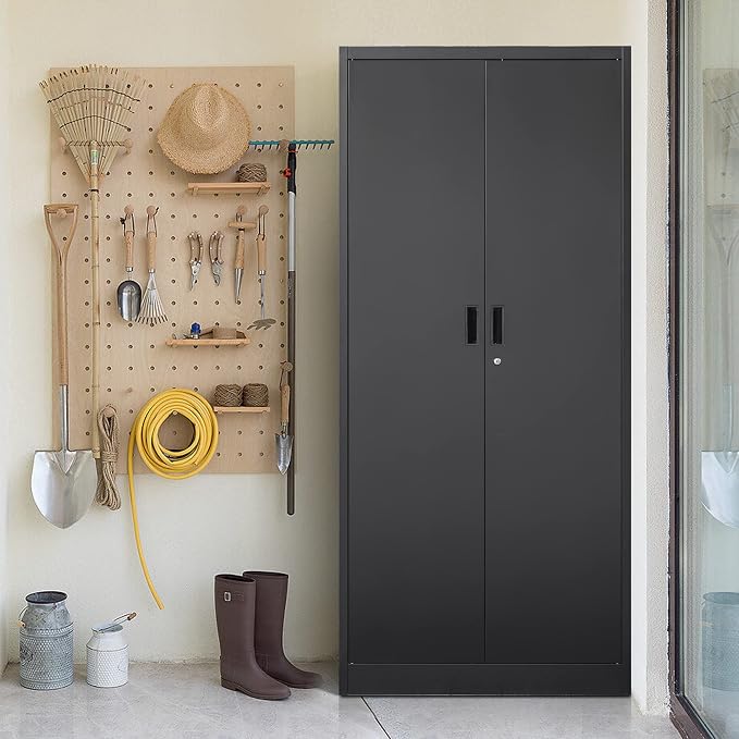 Wanfu Metal Storage Cabinet, 71”H Metal Garage Cabinet with 5 Adjustable Shelves, Locking Storage Cabinets for Garage, Home, Office, Pantry(Black)