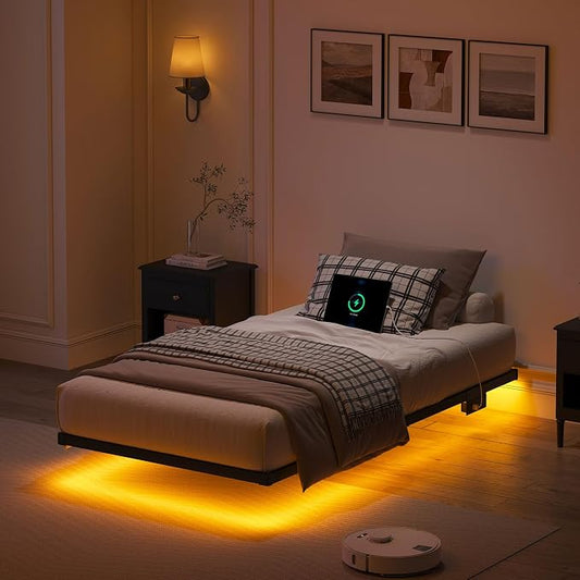 YORMDMO Floating Bed Frame Twin Size, Heavy Duty Bedframe with Smart LED Lights & Charging Station, Modern Metal Platform Bed, Easy Assembly No Box Spring Needed, 8 Inch