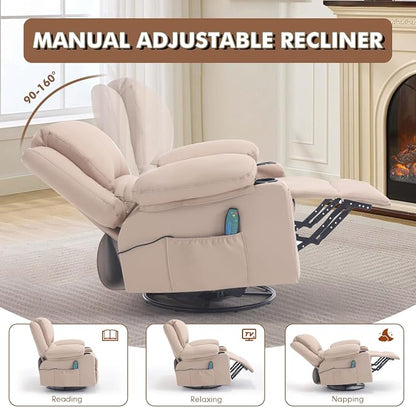 Leather Recliner Chair with Heat and Massage Cup Holder, Thickly Padded Overstuffed Rocking Glider Chair, Swivel Rocker Recliner Chair for Nursery, Khaki
