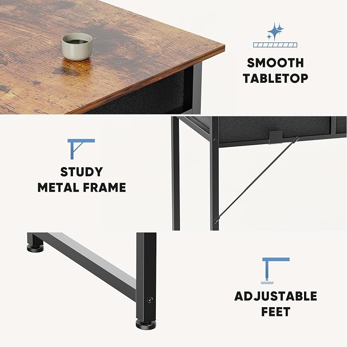 DUMOS 32" Small Home Office Computer Desk with Drawers, Gaming Writing Study Table with Storage Side Bag, Headphone Hook and Adjustable Feet for Bedroom and Escritorio, Brown