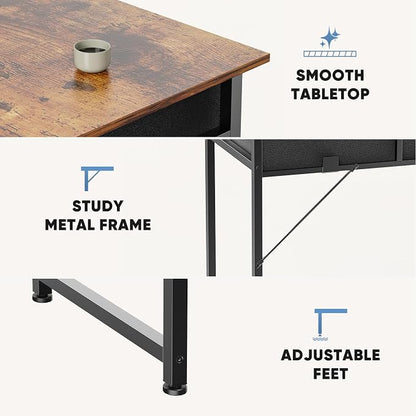 DUMOS 32" Small Home Office Computer Desk with Drawers, Gaming Writing Study Table with Storage Side Bag, Headphone Hook and Adjustable Feet for Bedroom and Escritorio, Brown