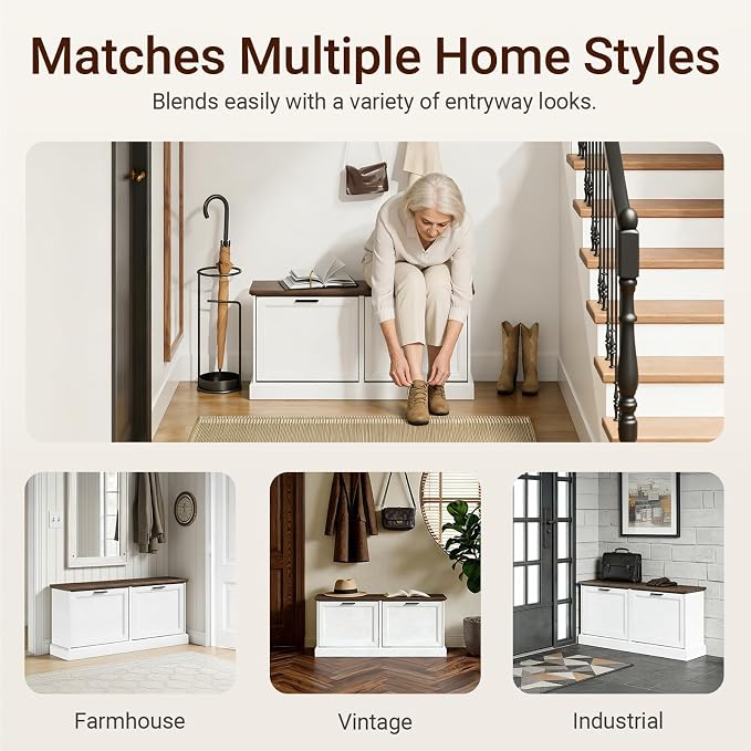 SoBuy Narrow Shoe Bench with Flip Drawers - Slim White Entryway Shoe Storage Bench for Small Spaces, Modern Shoe Cabinet Organizer for Hallway or Foyer, Compact Wooden Shoe Rack, FSR217-WN