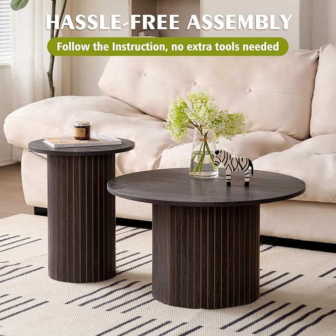 Round Nesting Coffee Table Set of 2, Fluted for Small Spaces | Modern style, suitable for living rooms, roller design, wooden