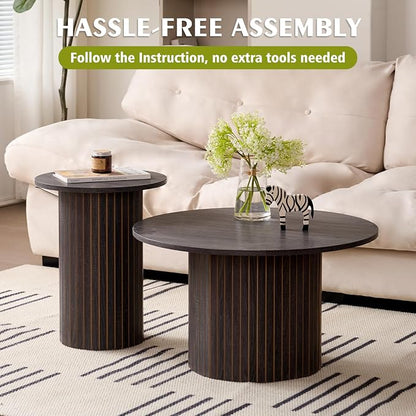 Round Nesting Coffee Table Set of 2, Fluted for Small Spaces | Modern style, suitable for living rooms, roller design, wooden