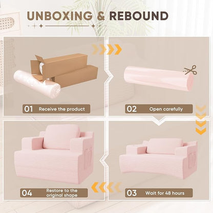 Homall 42” Single Sofa Foam Couch for Small Spaces Upholstered Floor Sofa with Cup Holder & Storage Pocket Boneless Couch for Bedroom Living Room (Pink, Single)