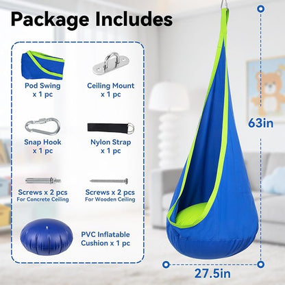 Y- STOP Pod Swing for Kids, Sensory Indoor Hanging Hammock Chair with Inflatable Pillow Sensory Cocoon Pod Swing Seat for Kids with Pocket for Indoor and Outdoor Blue and Green