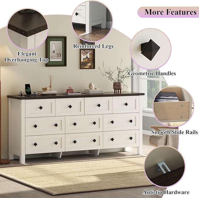 Gyfimoie 10-Drawer Dresser, 63" Farmhouse Wood Storage Chest of Drawers, Long Dresser TV Stand for TVs up to 75", Vintage Wide Dressers Organizer with Metal Handles for Bedroom, White