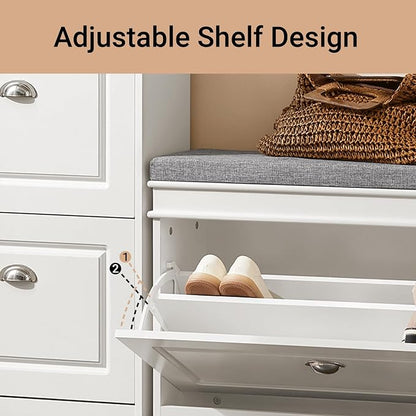 SoBuy Small Shoe Storage Bench, Narrow Shoe Cabinet for Entryway, Shoe Rack with Cushion&2 Tiers Flip-Drawer, Closet Hallway Mudroom White FSR82-L-W | Narrow shoe storage cabinet with 2-tier rack & 2 adjustable height shelves for small spaces, white, 7...