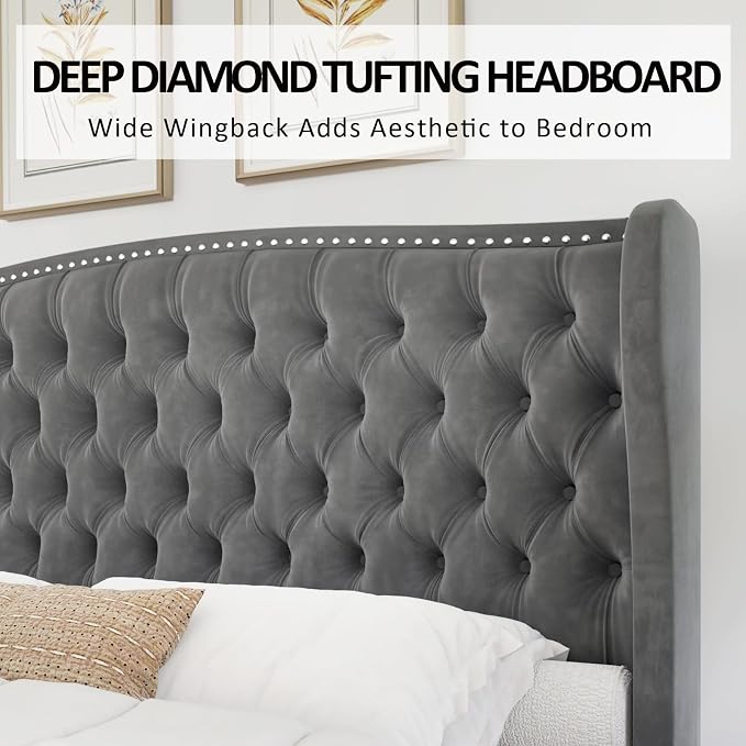 AMERLIFE California King Size Platform Bed Frame, Velvet Upholstered Bed with Deep Button Tufted & Nailhead Trim Wingback Headboard/No Box Spring Needed, Grey